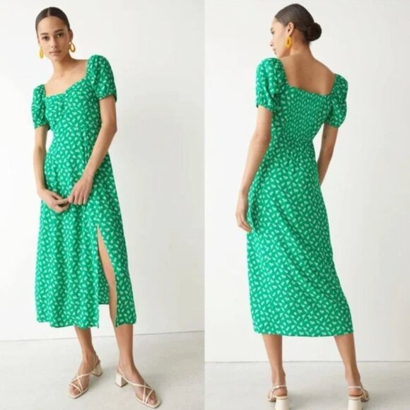 & Other Stories Green and White Flowy Puff Sleeve Ditsy Midi Sun Dress Size 6 - Picture 1 of 10